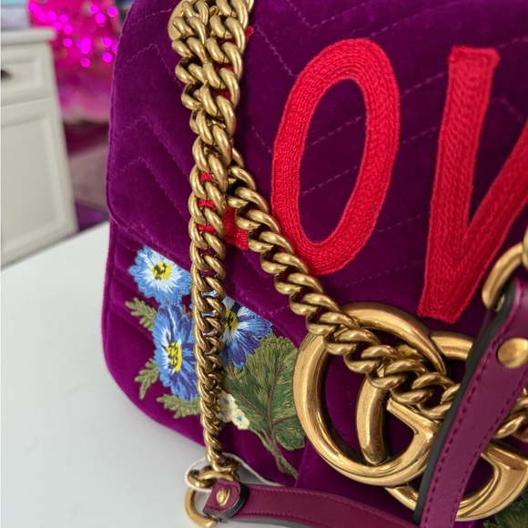 GUCCI GG Velvet Matelasse Loved Embroidered Medium Bag ~ Fuchsia Violet Cyclamen - Picture 8 of 16